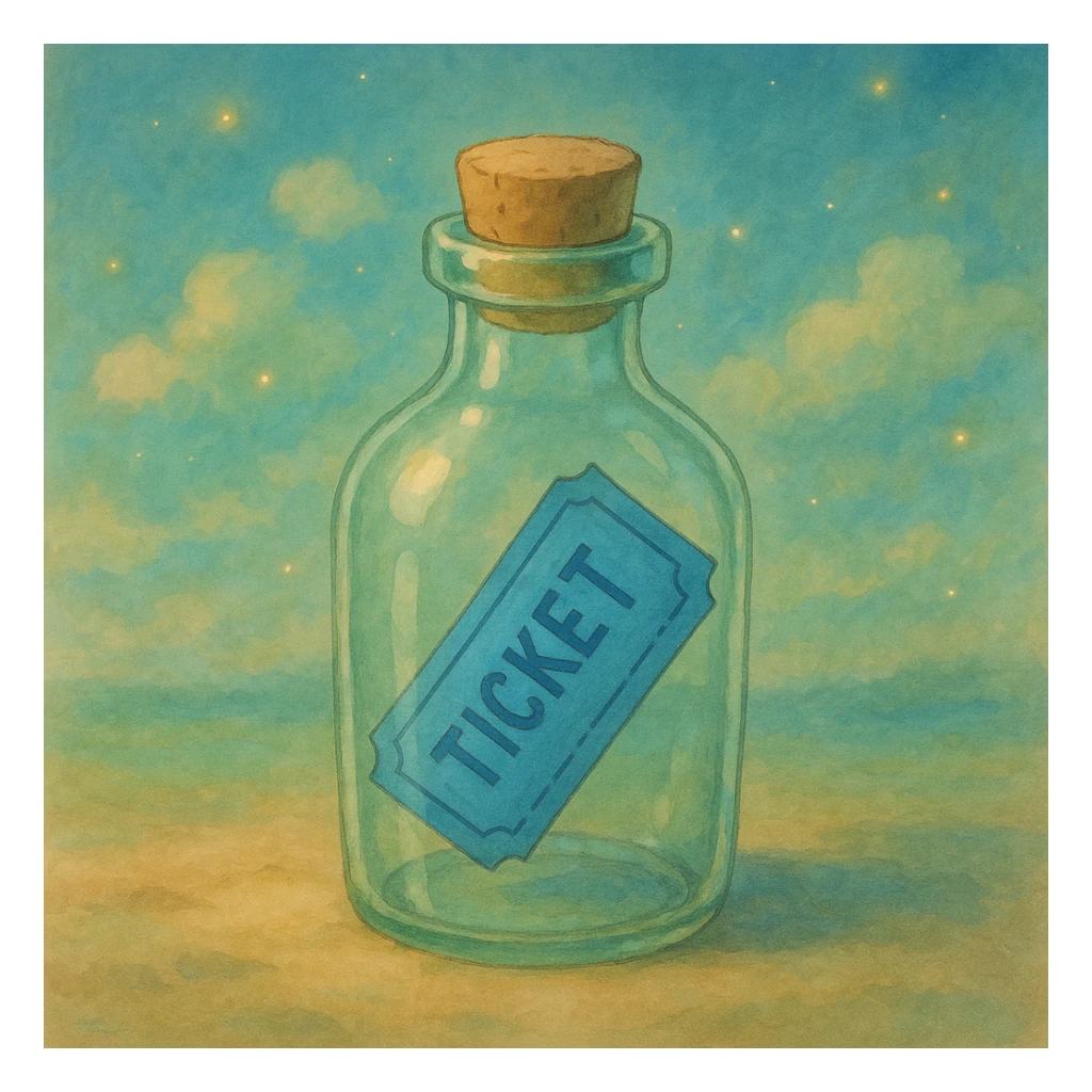 blue ticket inside a bottle with soft lighting and dreamy atmosphere ghibli style sticker