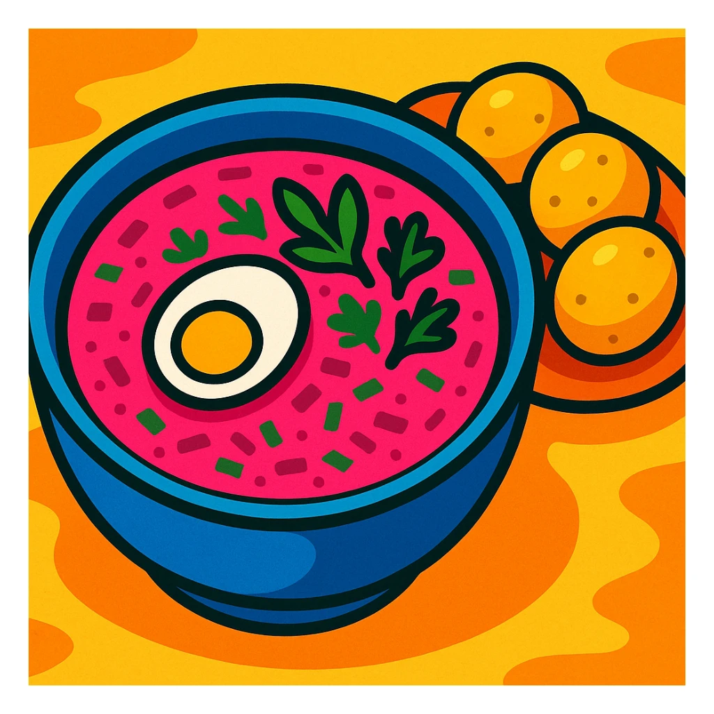 pink soup with egg and greens inside, boiled potatoes by its side, vibrant cartoon style sticker
