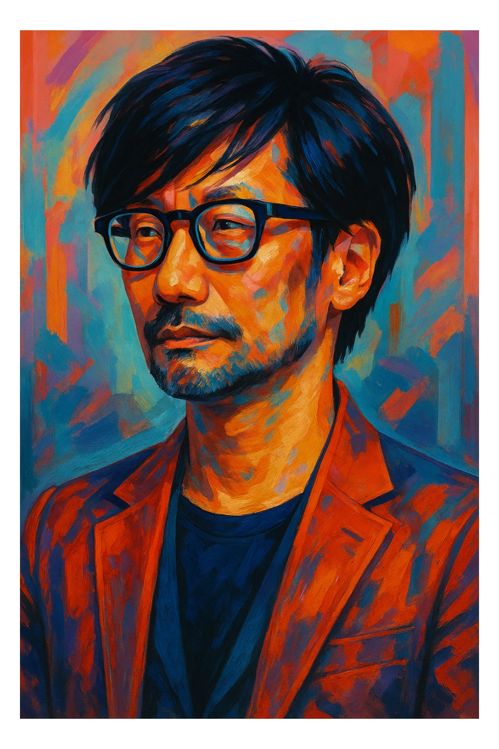 Hideo Kojima as a creative game director with glasses and unique hairstyle, stylized portrait sticker