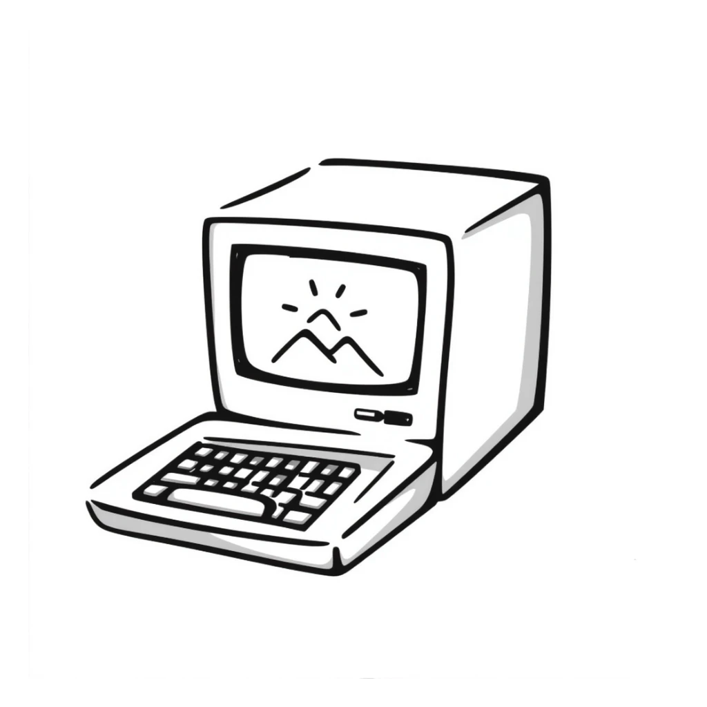 Pixel art style old Macintosh computer, simple monochrome linework sticker