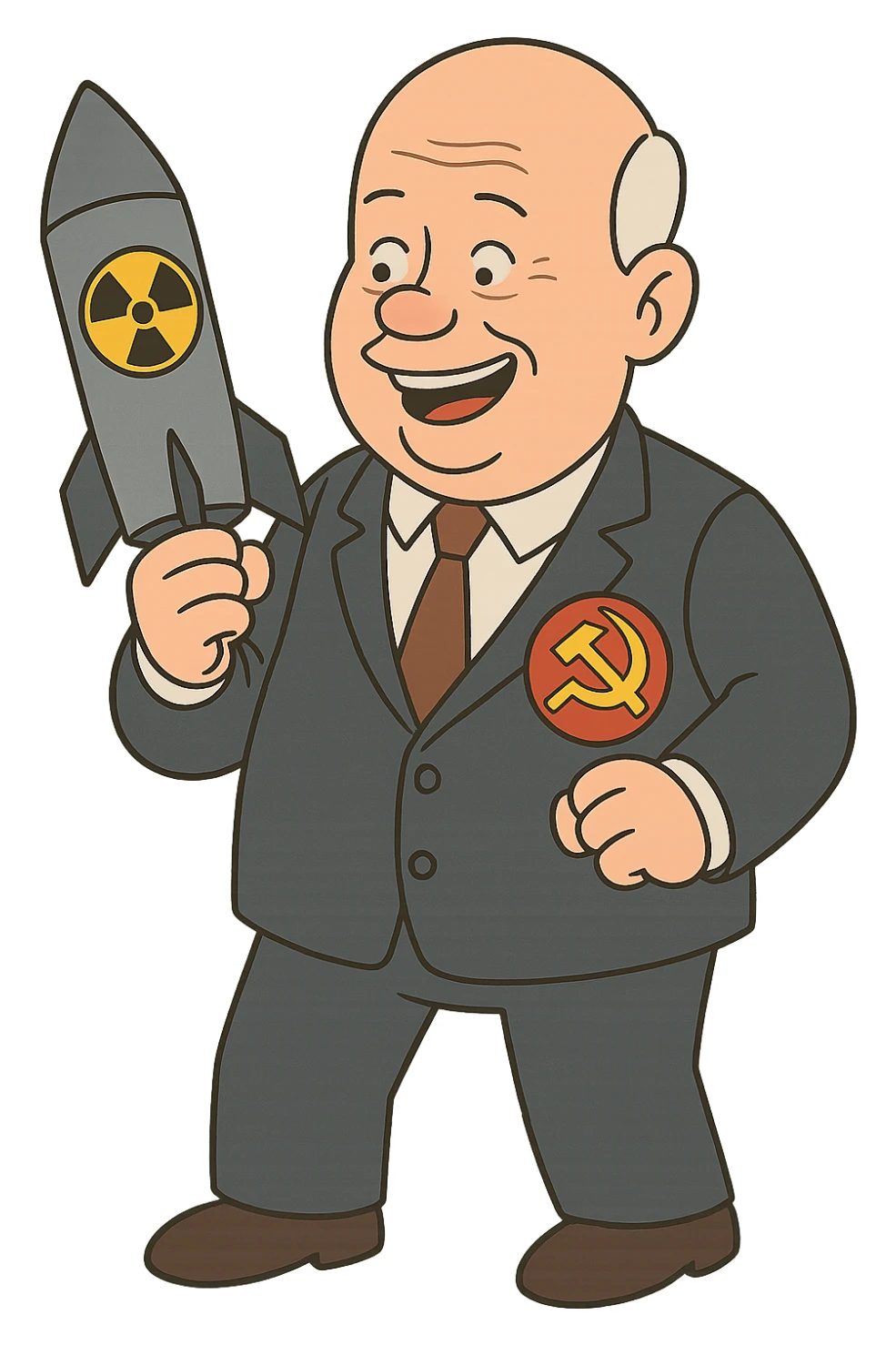 Soviet leader Nikita Khrushchev wearing a suit with a large communist badge holding a nuclear weapon and smiling sticker