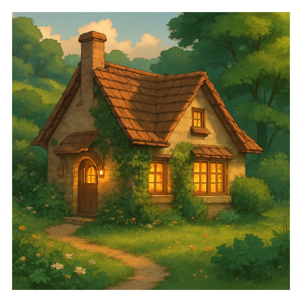 cozy cottage in a lush landscape with warm lighting in ghibli style sticker