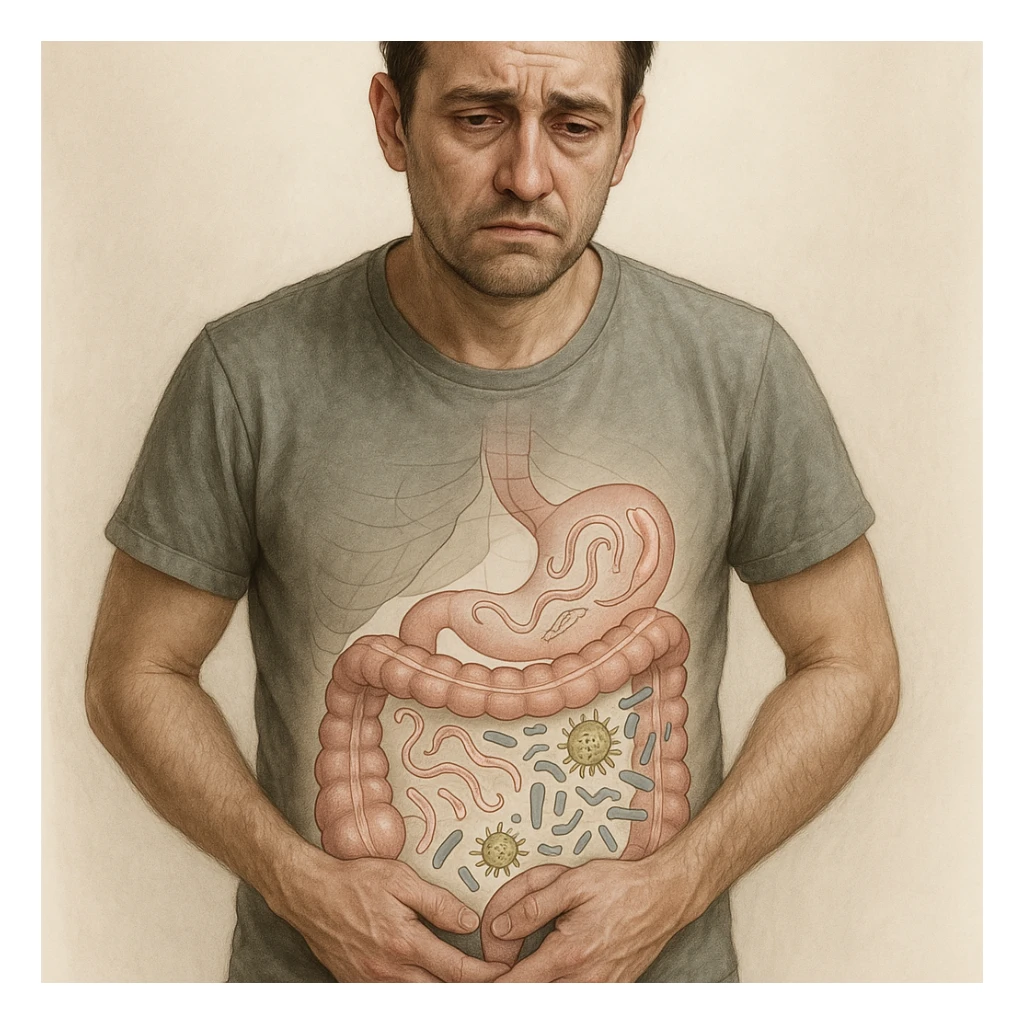 Realistic style illustration of a man about 35 years old holding his lower abdomen with evident discomfort. Tense and tired expression, slightly sunken eyes, dull skin. Transparent overlay on the abdomen showing stylized illustrations of intestinal parasites and bacteria in imbalance (dysbiosis), with the intestine schematically depicted as in a medical study. Medical and realistic illustrative elements. sticker
