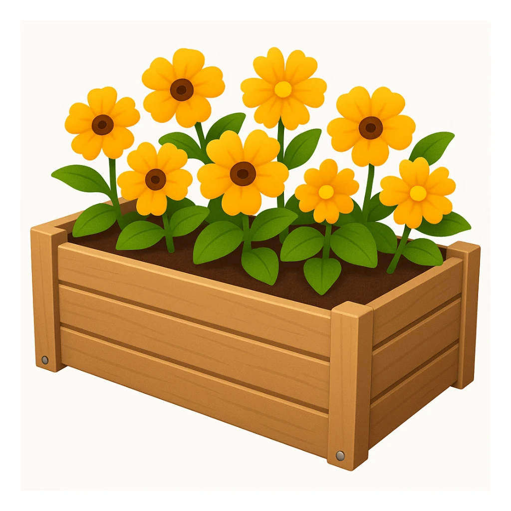 Remix this minimal flower bed in a wooden planter in emoji style. Create three new variations with different flower colors and arrangements, keeping the minimal and wooden planter look consistent. sticker