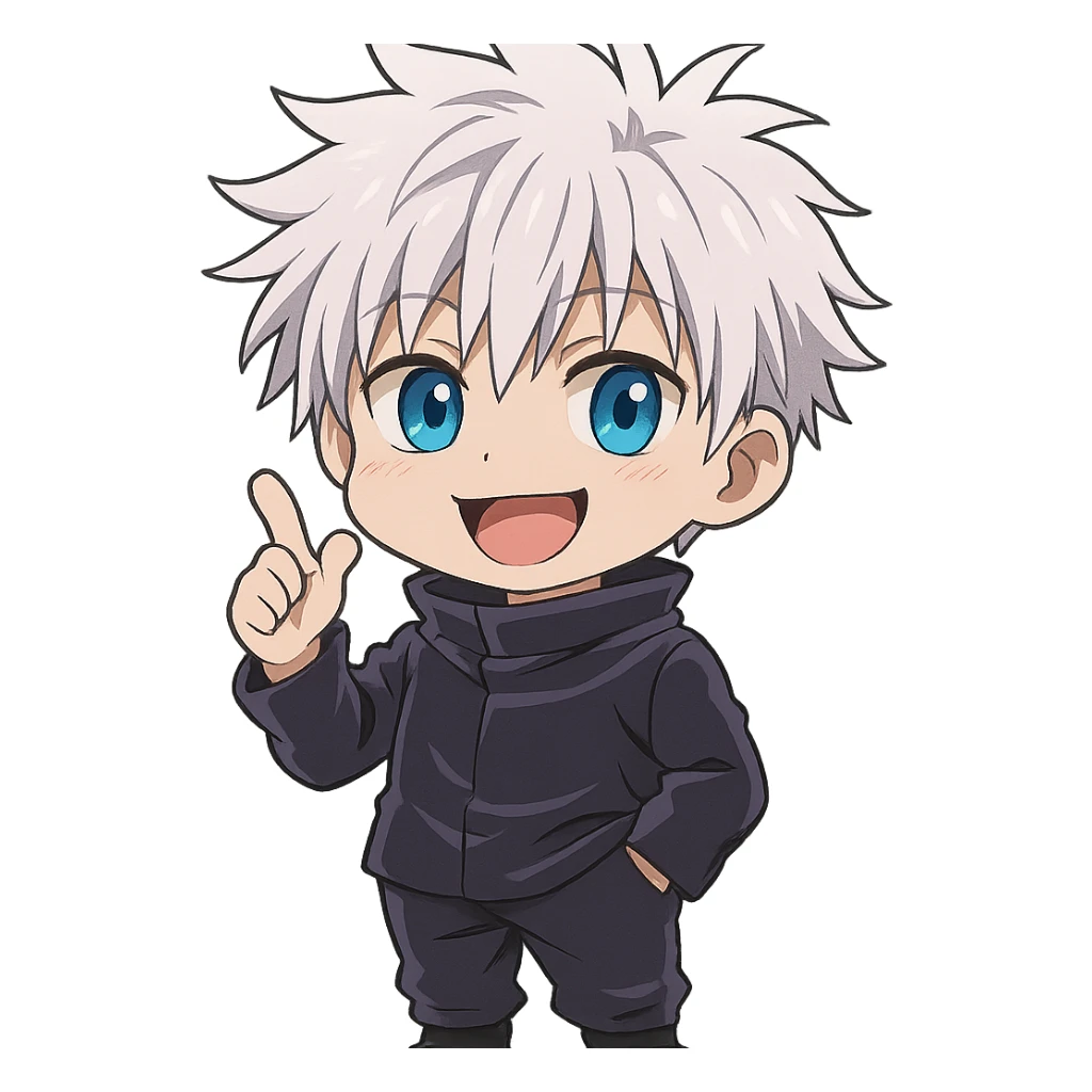 Satoru Gojo, chibi version, blue eyes, white hair, playful expression, anime style sticker