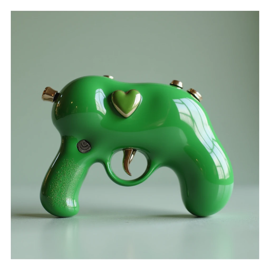 green heart pistol, photorealistic style, glossy finish, on a white background sticker
