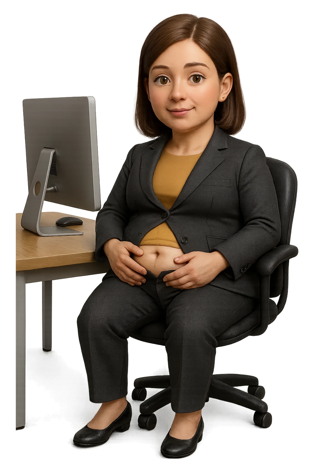 emoji stile iphone di una donna seduta alla scrivania dell'ufficio in completo elegante con i pantaloni sbottonati perché ha la pancia gonfia, falla a corpo intero, iperrealistico 4k sticker