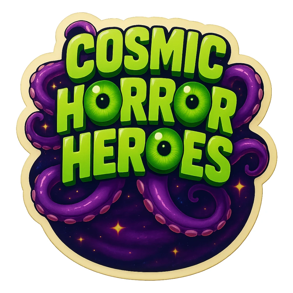 Render the design in retro stickers style with the 'O' in 'COSMIC' as a green eyeball matching the other eyeball letters. Include a spacey background and format the entire design to standard playing card dimensions (2.5 x 3.5 inches, vertical). Maintain the cosmic horror theme with green text and tentacles. sticker