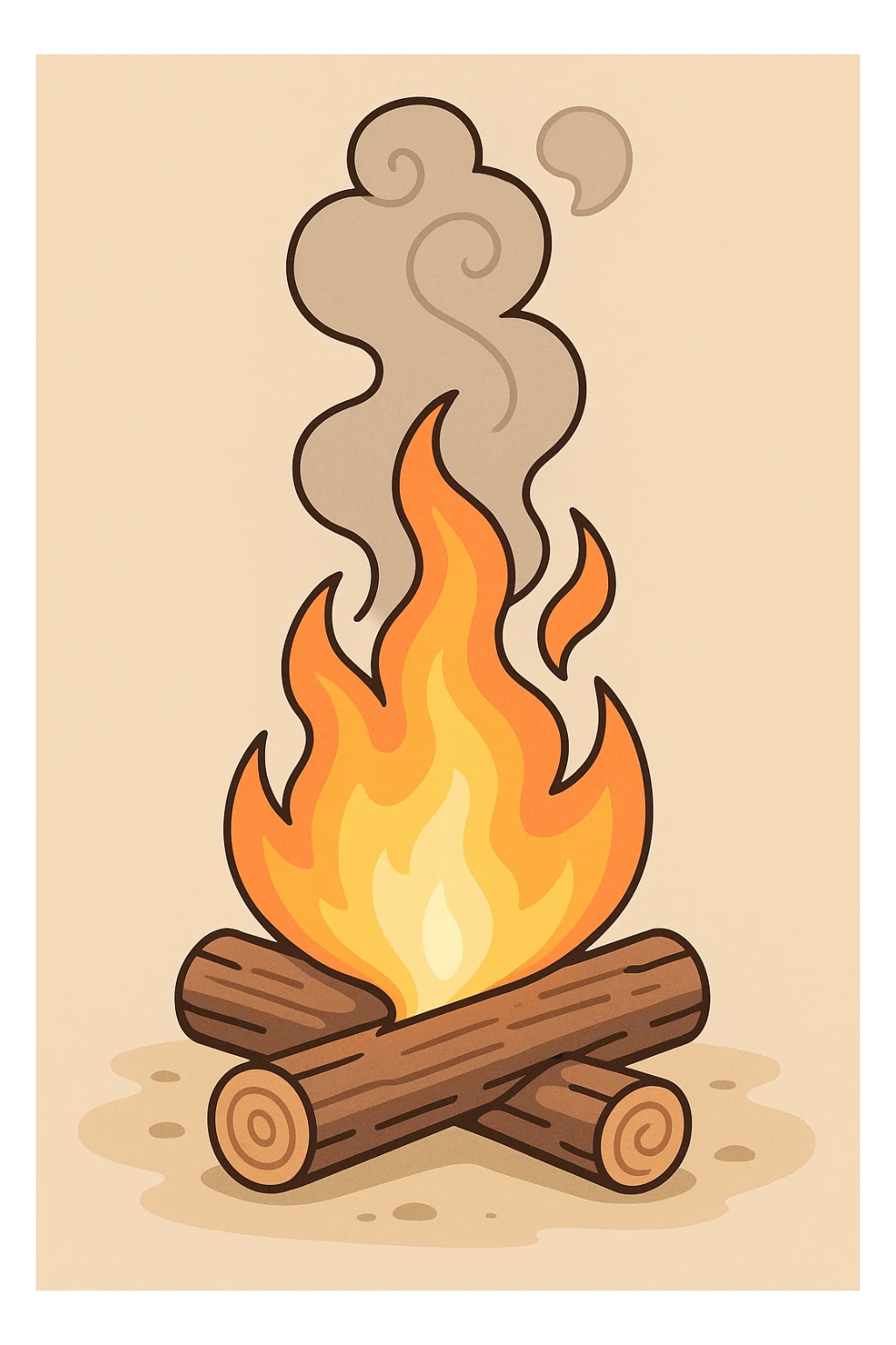 campfire with two logs, no person, flames and smoke gently mesmerizing swirling upward, clean and simple design sticker