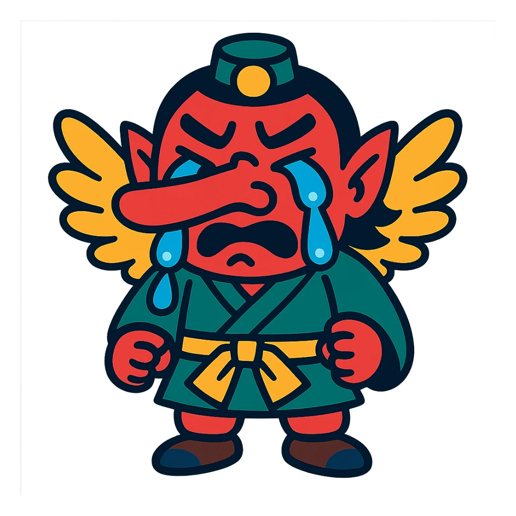 vibrant toon style tengu with big tears, cartoonish sticker