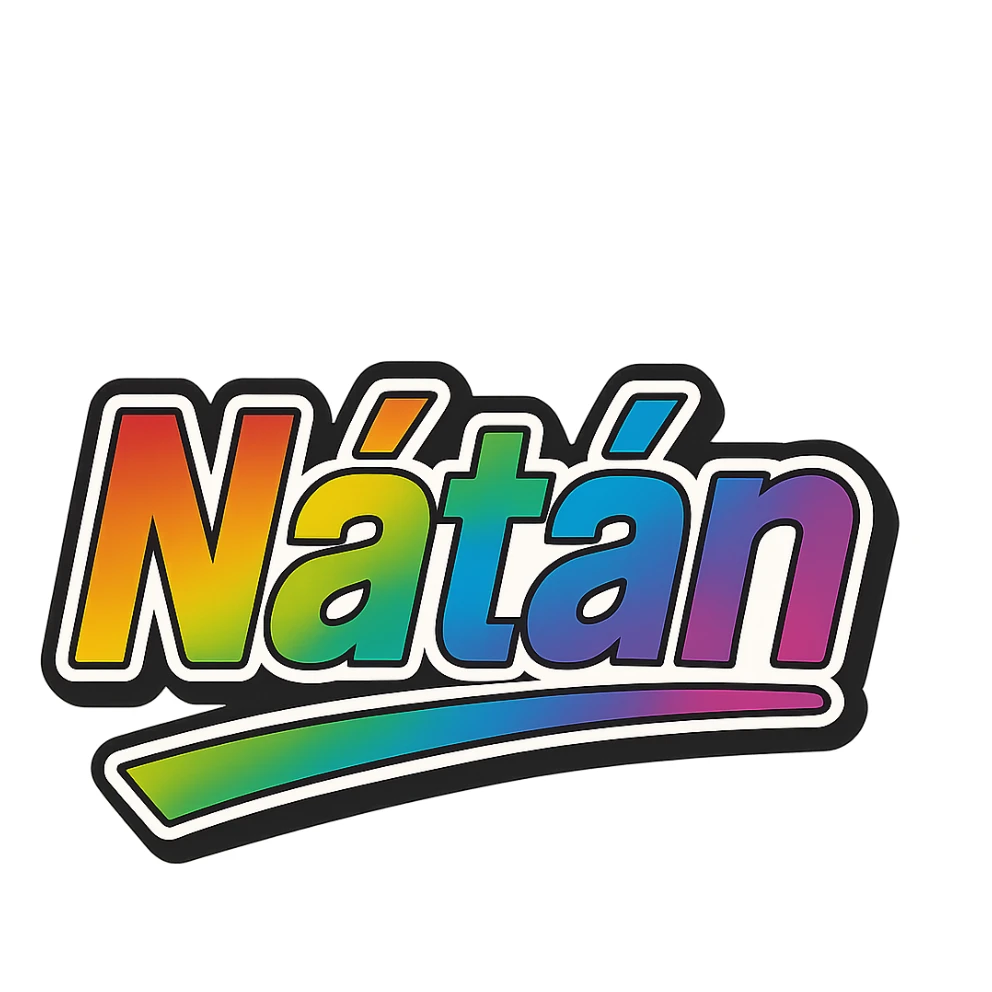 The name 'Nátán' in modern style with precise Hungarian letters, rainbow gradient fill, extra thick white letter outline, dark contour, transparent background, dynamic and slanted underline, in the style of the reference images. sticker
