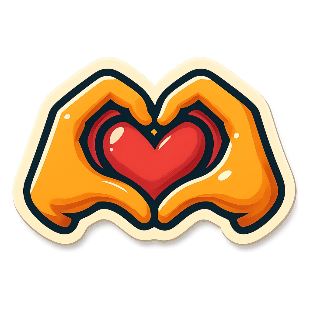 heart hands icon, hands forming a heart, bold outlines, vintage sticker look sticker