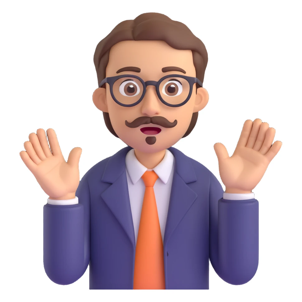 man with light skin, brown hair, mustache, and glasses, surprised expression sticker