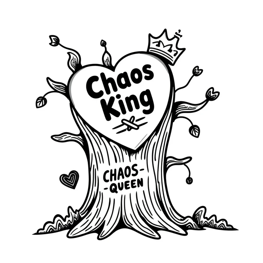 tree stump with a large heart carved into it, the words 'Chaos King' and 'Chaos Queen' inside the heart, surrounded by chaotic swirls and nature elements, hand drawn doodle style sticker