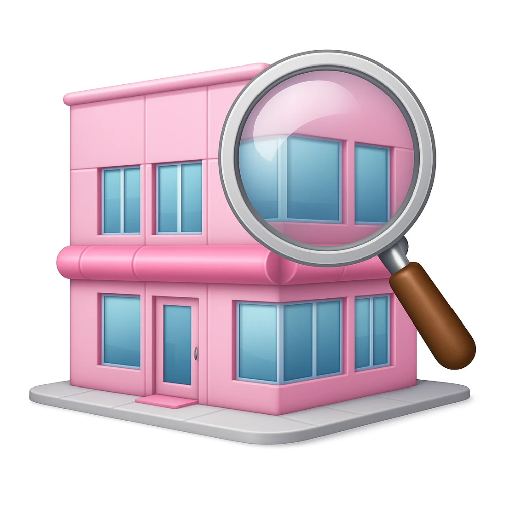 Make it apple style emojis: Add a magnifying glass over the partly pink, very stylish beauty salon building sticker