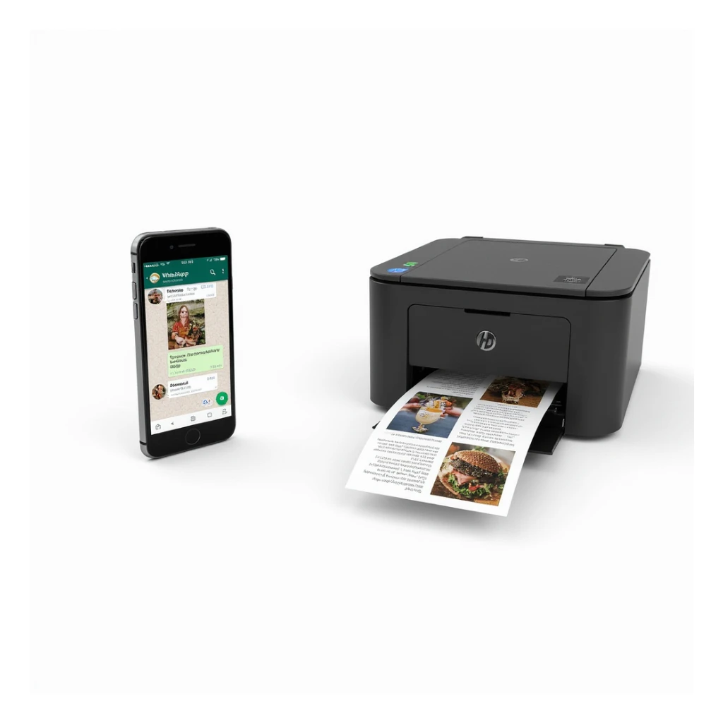 realistic thumbnail for a WhatsApp print out service, smartphone on the left side showing WhatsApp open with a chat containing images, PDFs, and documents being sent, printer on the right side printing out a mix of photos and documents, white background sticker