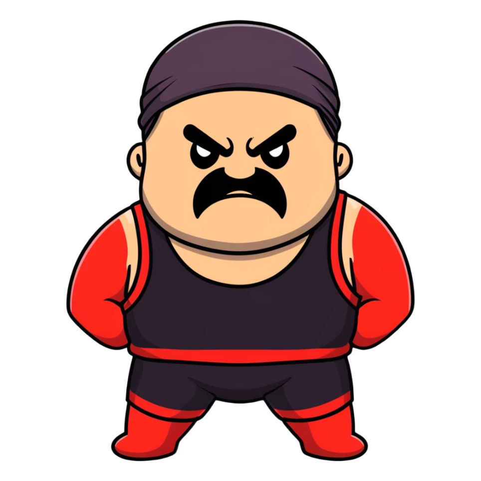 White skin fat guy with prominent black durag, short black beard and mustache, black eyes in a red and black wrestling singlet with angry face sticker