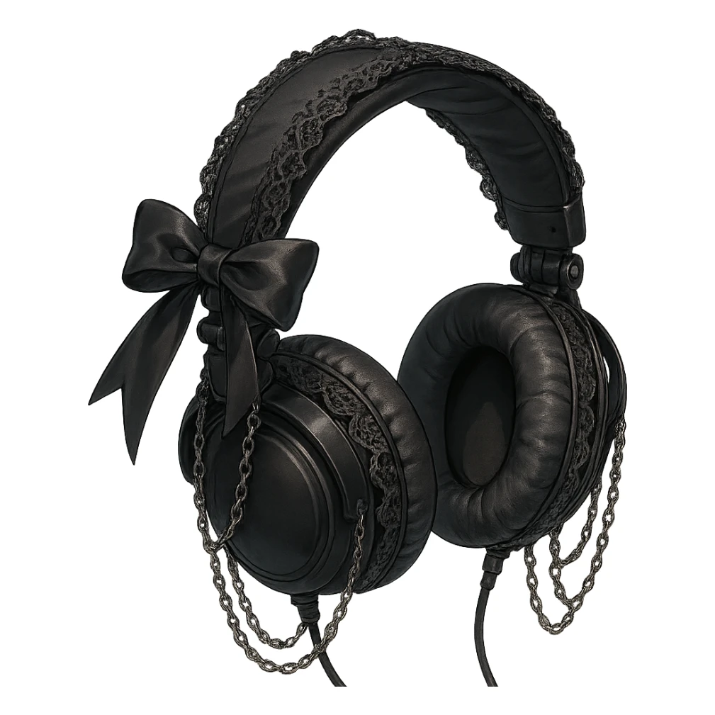 goth headphones, black with lace and chains, realistic anime style sticker