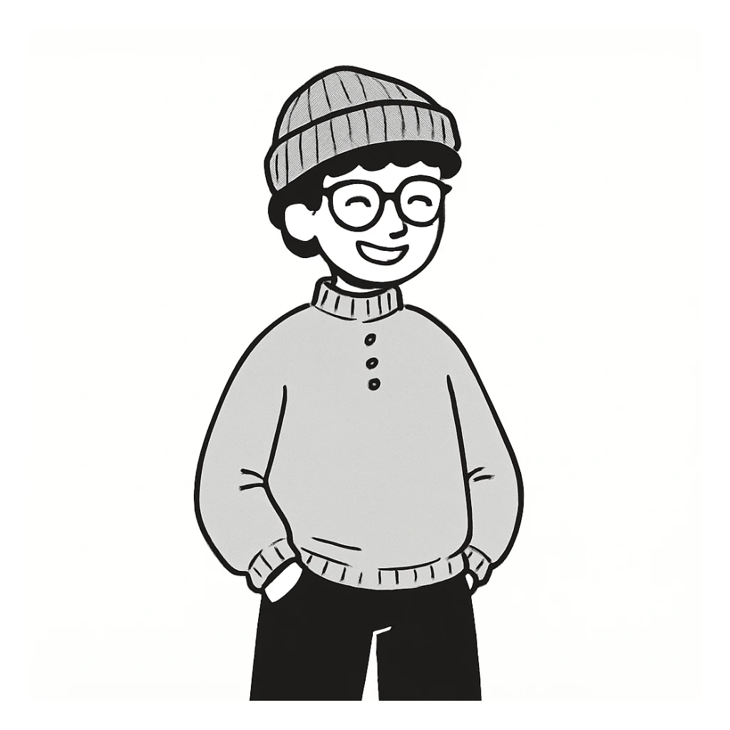 Make the beanie grey with black stripes. The guy is smiling, showing upper teeth, keep the hand-drawn doodle style. sticker