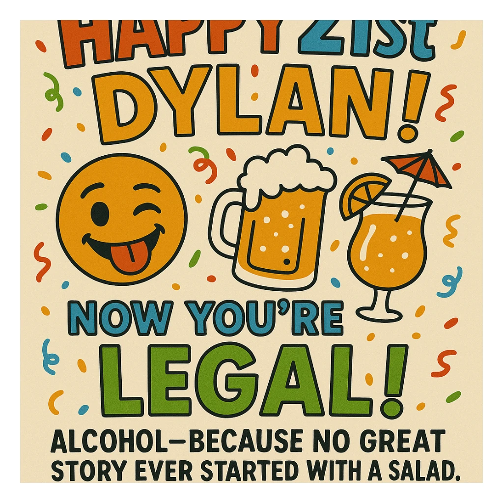 Add the funny drink quote: 'Alcohol—because no great story ever started with a salad.' Keep all original graphics and style. sticker