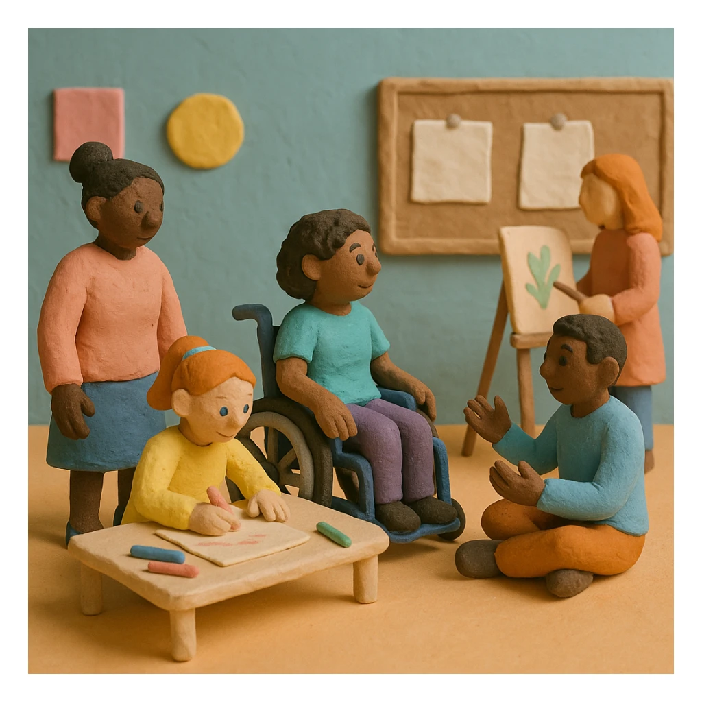 claymation style inclusive activity space with pastel colors, visible texture, and diverse people sticker