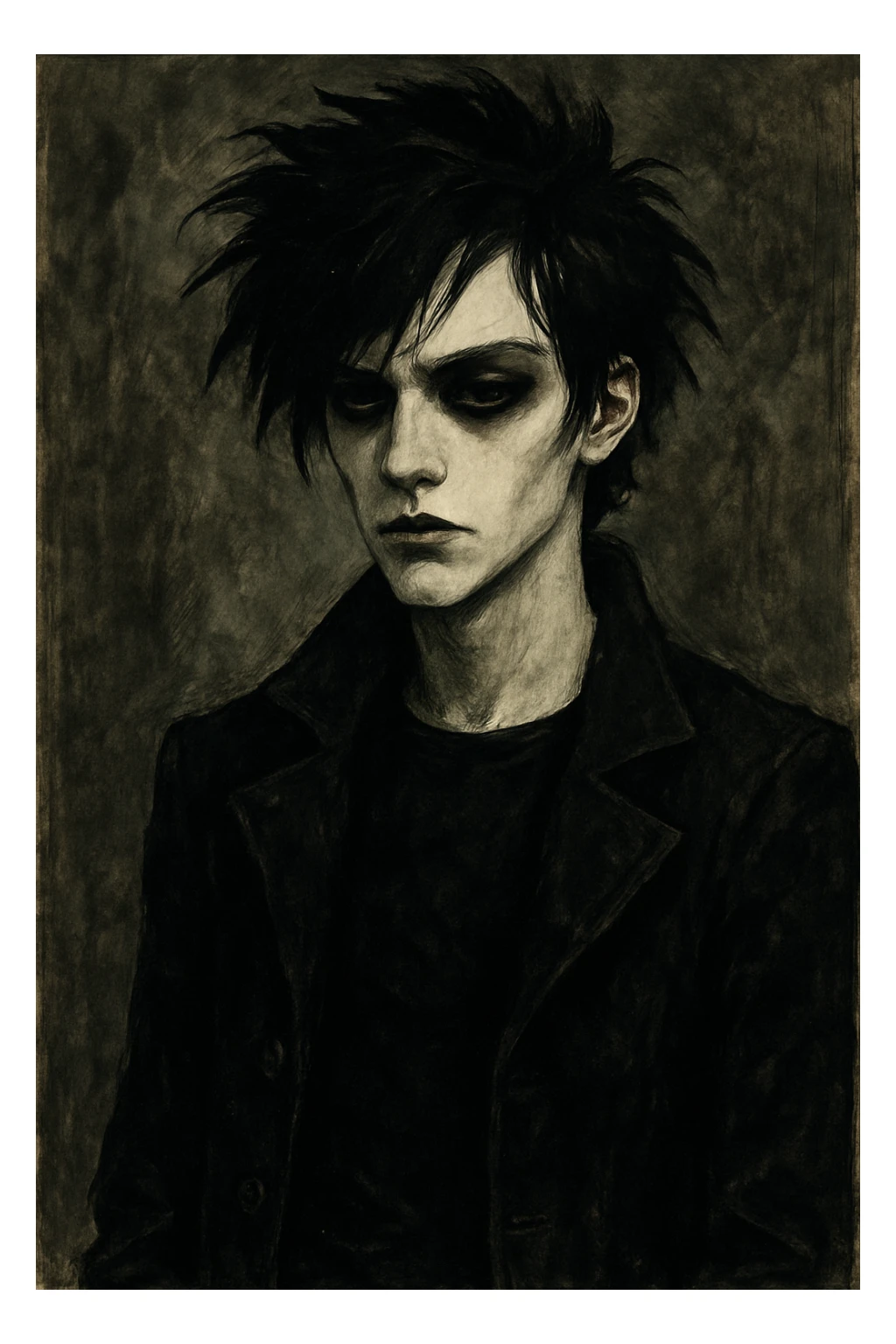 goth boy, black clothes, pale skin, moody expression, dark hair, stylized sticker