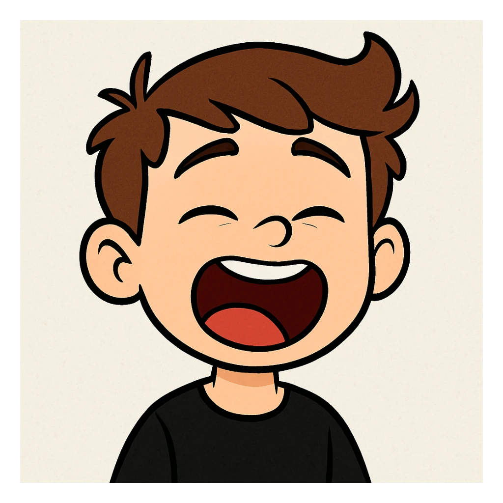 front image of a white boy with brown hair, semi-closed eyes, wide open mouth, black shirt, cartoon style, expressive face sticker