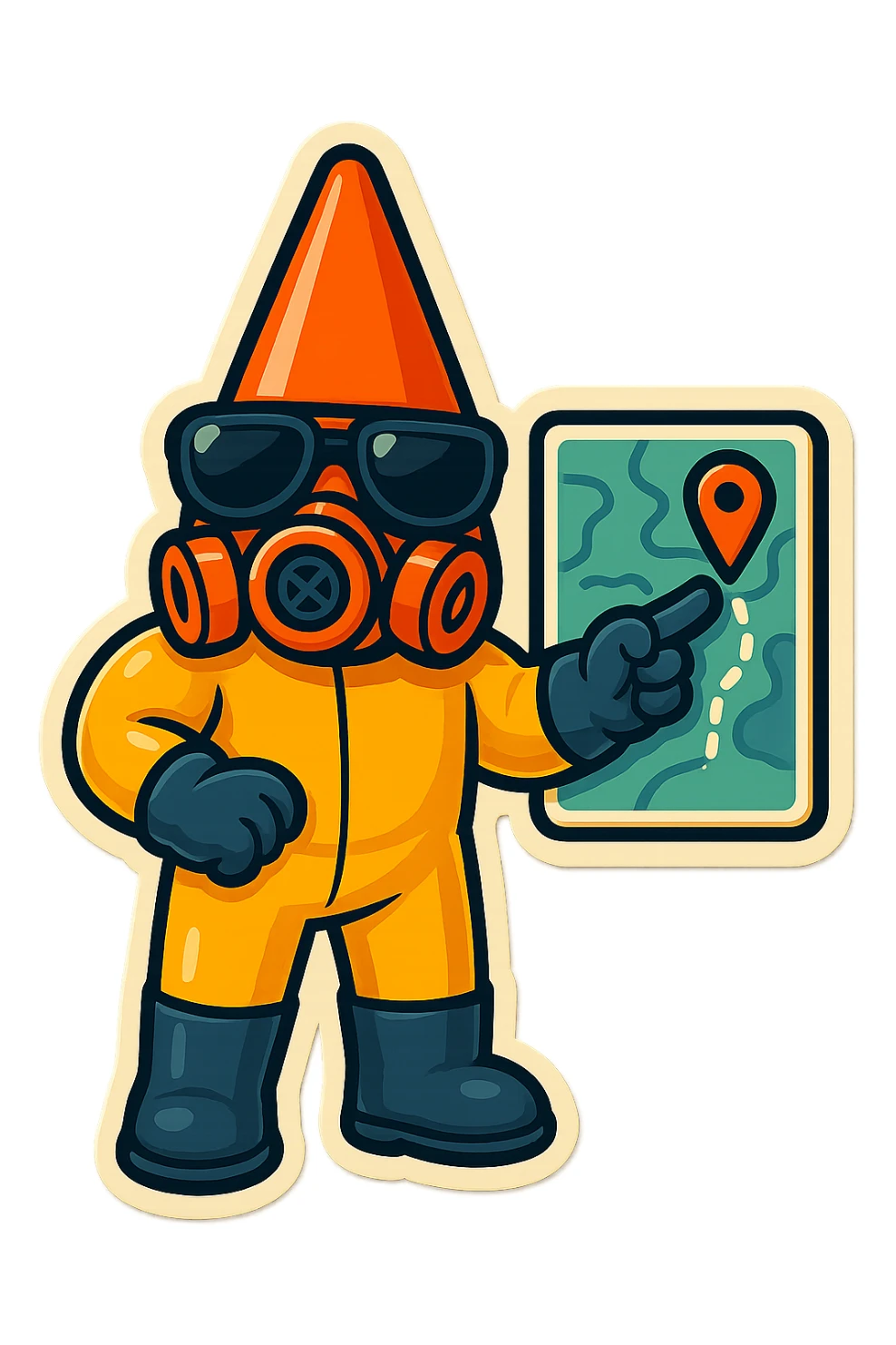 This character in retro sticker style, pointing to a map or screen, directing a team. sticker