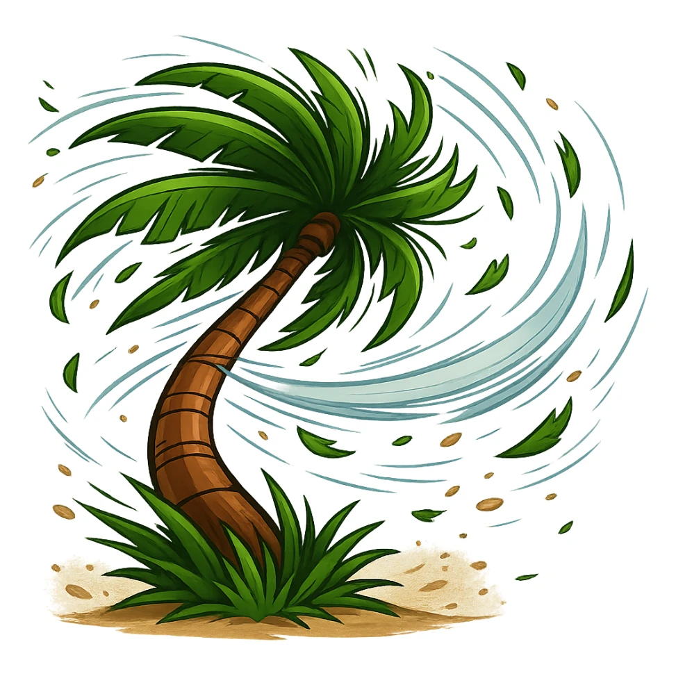 Make the palm tree in heavy wind even more dramatic: exaggerate the bend of the trunk, make the leaves whip violently, add flying debris and motion lines, keep the background transparent. Style: dramatic palm tree in heavy wind with dynamic motion effects. sticker