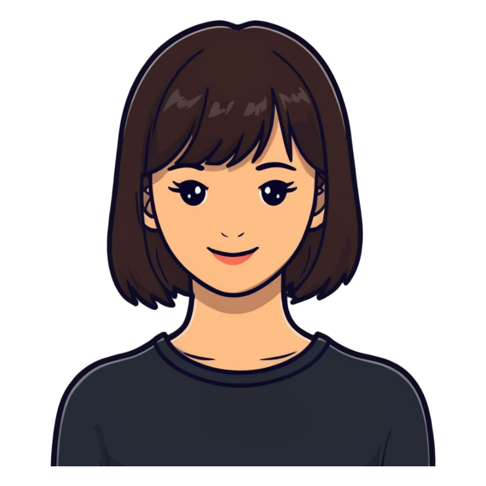 Pretty woman with dark brown bangs, subtle makeup, warm smile sticker