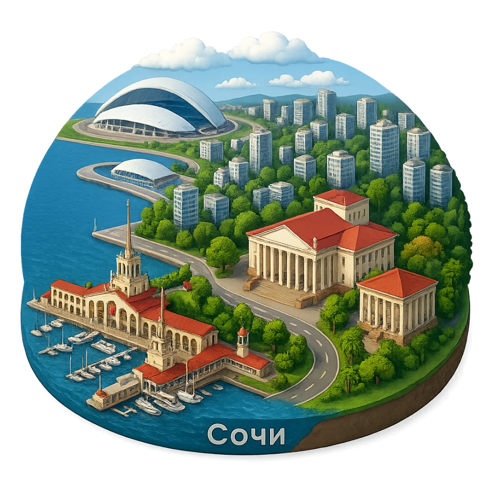 Изометричная, яркая, детализированная и фотореалистичная иллюстрация панорамы города Cочи на круглой подставке в стиле 3D-коллажей городов, здание Морского Порта, Зимний театр, стадион Фишт, море чёткие линии, слегка мультяшная стилистика, прозрачный фон, не обрезать края картинки sticker