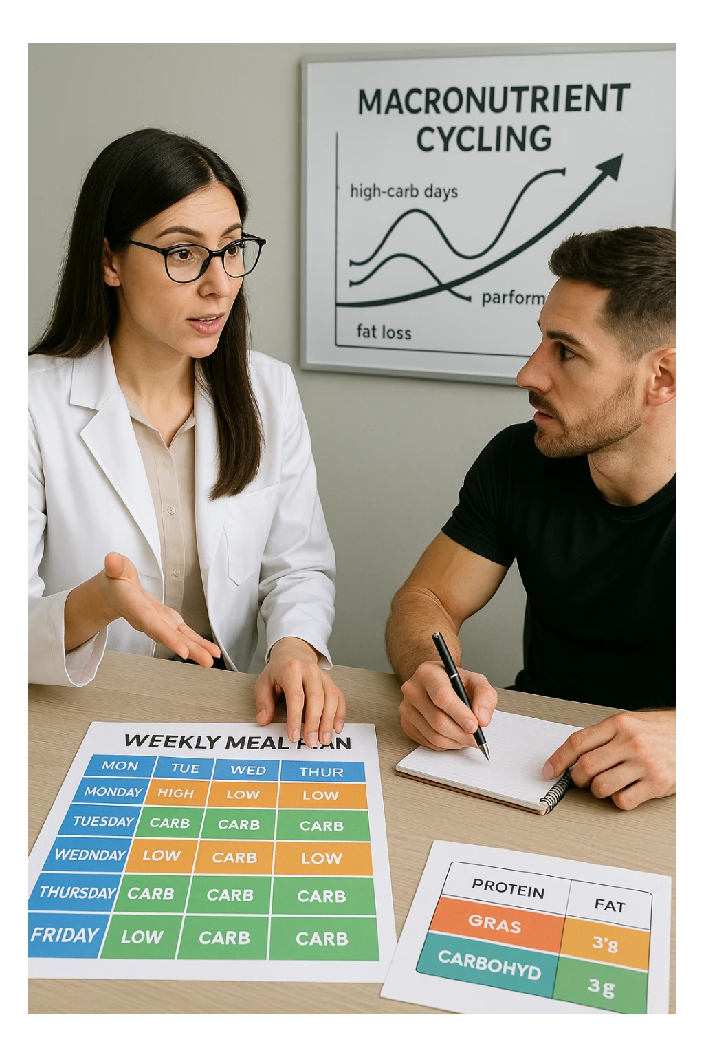 a nutritionist explains to an athlete how to cycle macronutrients for fat loss and training. On the desk, a weekly meal planner shows alternating high-carb and low-carb days, with color-coded sections for proteins, fats, and carbs. The athlete takes notes, and a chart in the background illustrates the benefits of nutrient cycling. The mood is professional and educational. scritto in italiano sticker