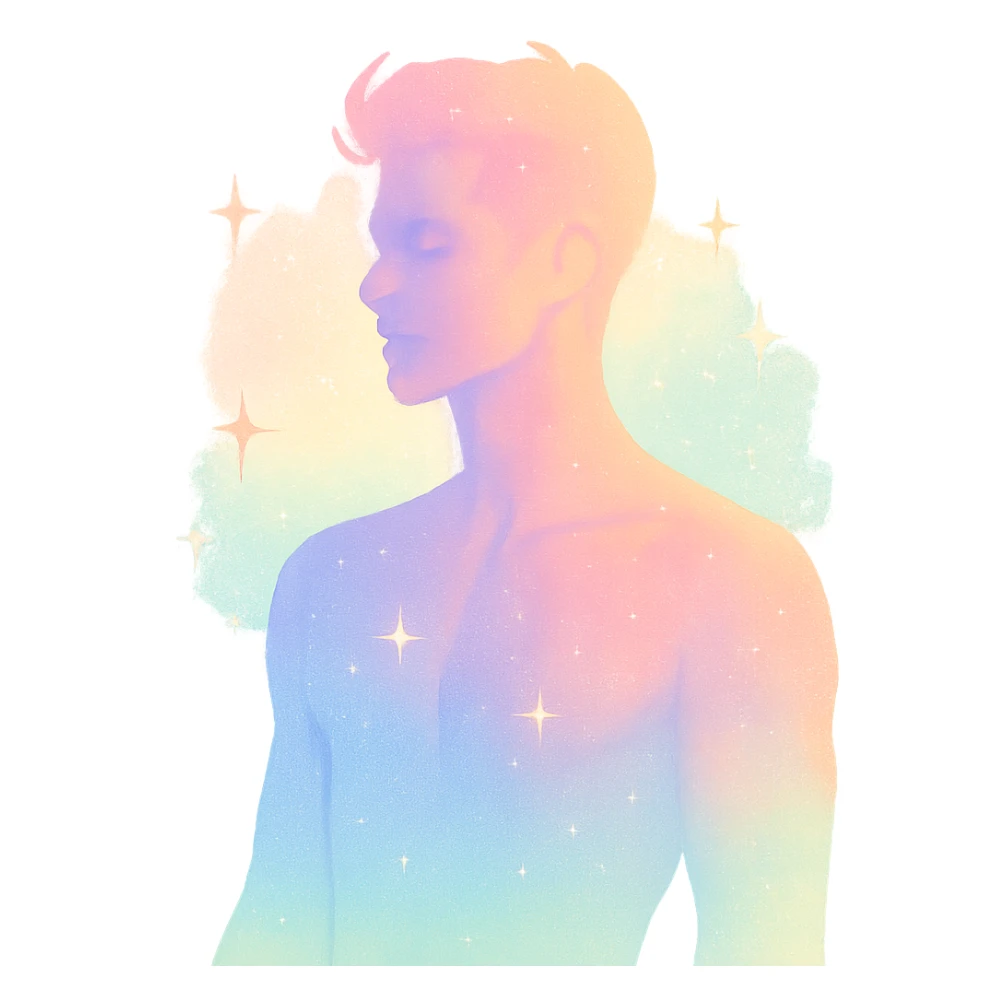 confident male figure with a pastel aura and subtle sparkle, embodying beauty and magnetic charm, in a minimalist silhouette sticker