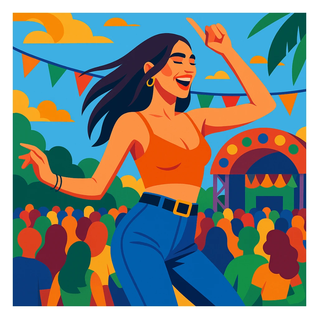 Dua Lipa dancing at a summer festival, energetic, colorful, outdoor scene sticker