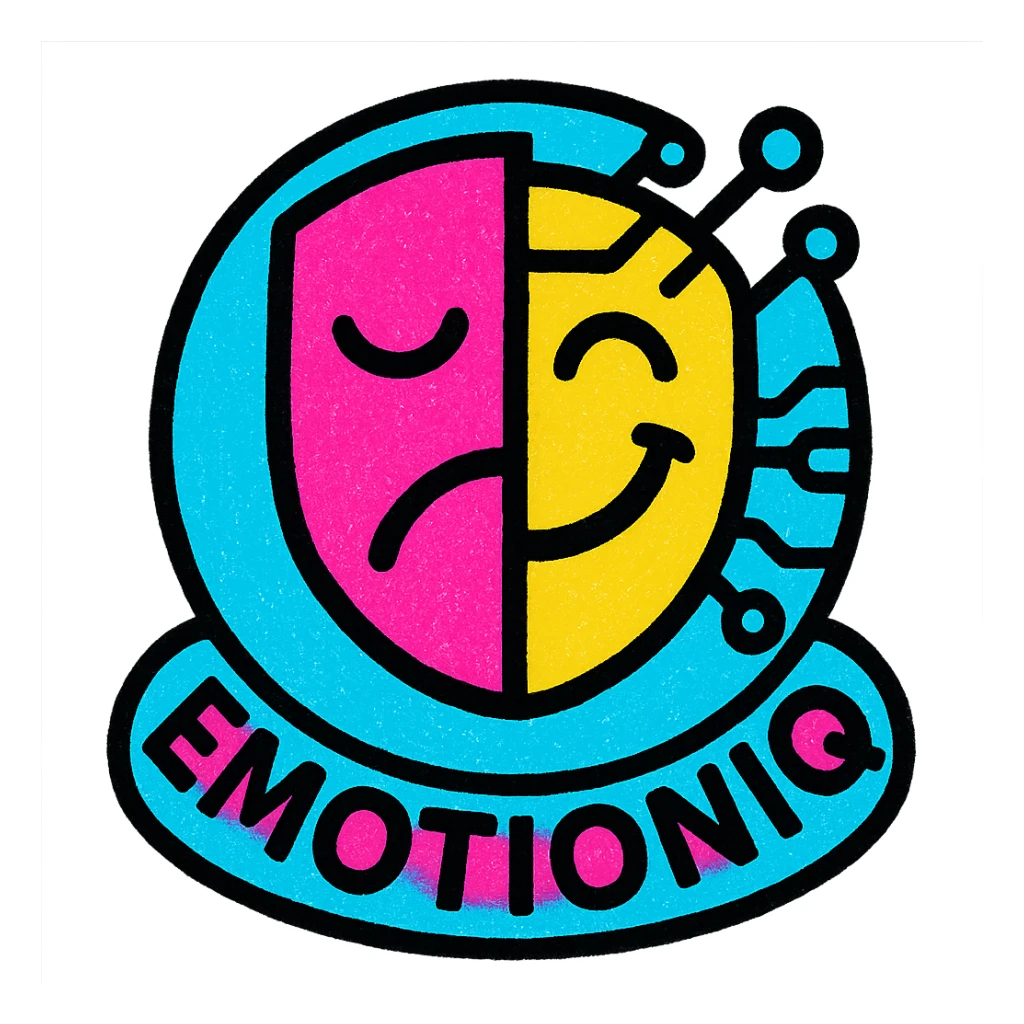badge for EmotionIQ: a smiling and frowning mask, half organic half digital, with circuit patterns, symbolizing AI decoding human feelings, bold contemporary style sticker