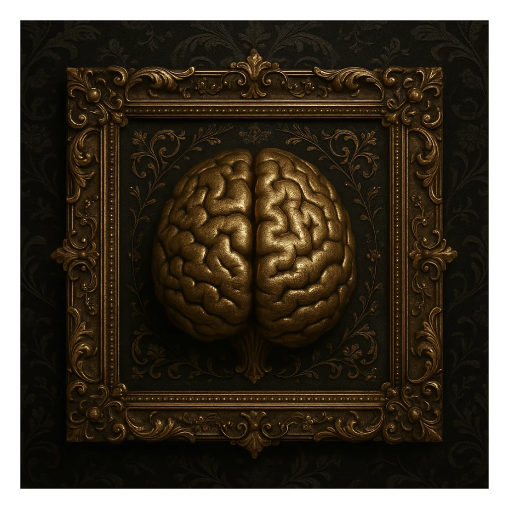ultrarealistic 3D metallic old gold brain emoji symbolizing common sense, main symbol classic arcane mysterious, inside ornate gold frame echoing interior floral and arcane elements, set against dark black Victorian silk patterned background with ornate gothic florals, high definition, dramatic, mysterious, inspired by reference art sticker
