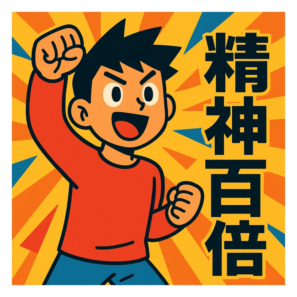 vibrant toon style character with dynamic background, showing '精神百倍' sticker