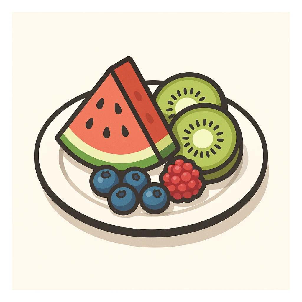 a plate with sliced watermelon kiwi and berries in 2D isometric illustration style sticker