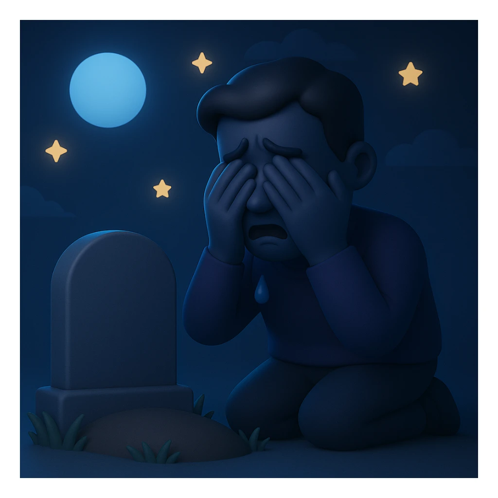 Make the scene night time with a man crying over a grave in the style of microsoft 3D fluent emojis. Focus on the night atmosphere and emotional expression, preserving the 3D emoji style. sticker