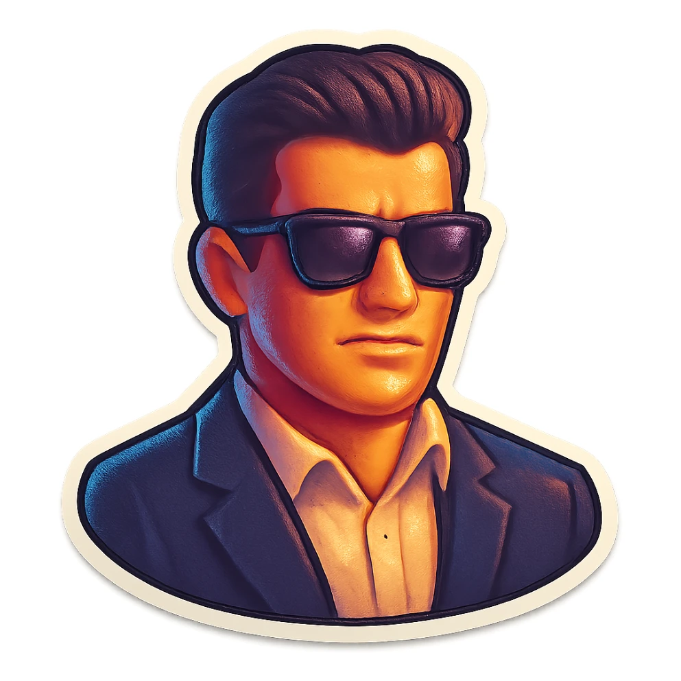 Create an emoji inspired by the Zula game cover art featuring a cool, confident character wearing sunglasses and a dark suit. The style should be bold, vibrant, and recognizable as a game icon. No background, transparent only. sticker