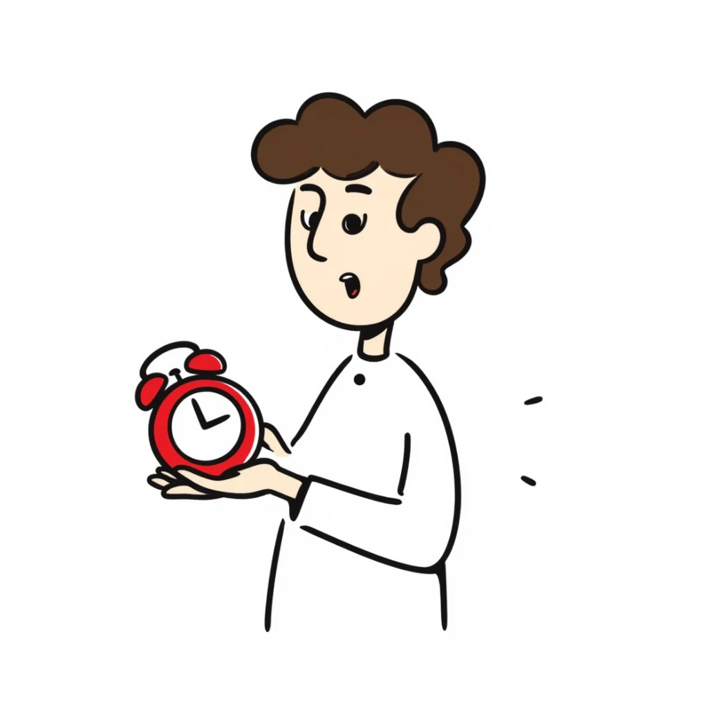 A man with brown hair holding a red alarm clock sticker
