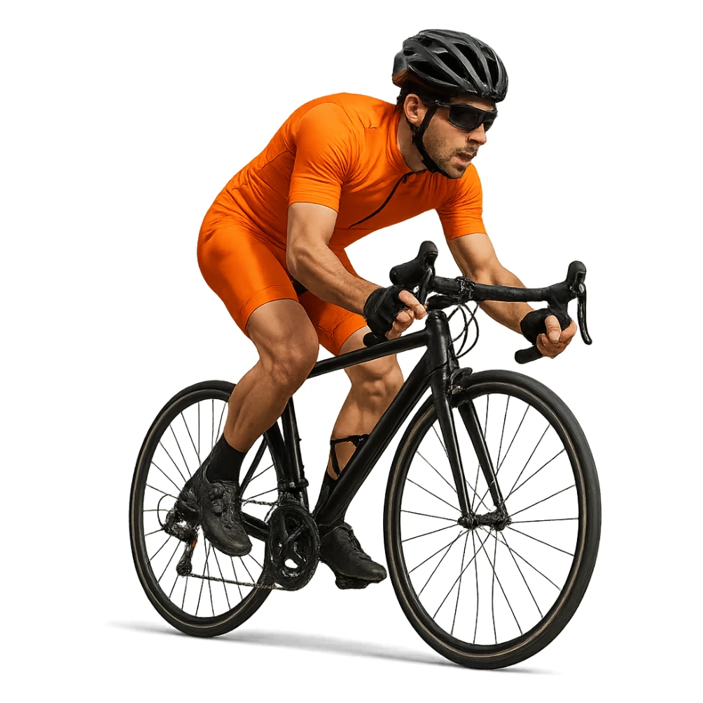 cyclist in orange outfit, dynamic pose sticker