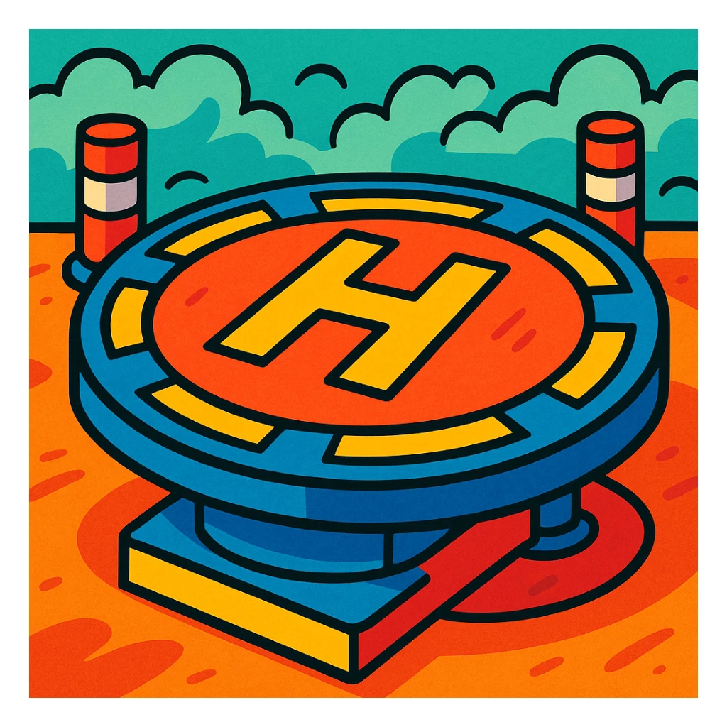 cartoonish helipad, round platform with large H, vibrant colors, exaggerated details sticker