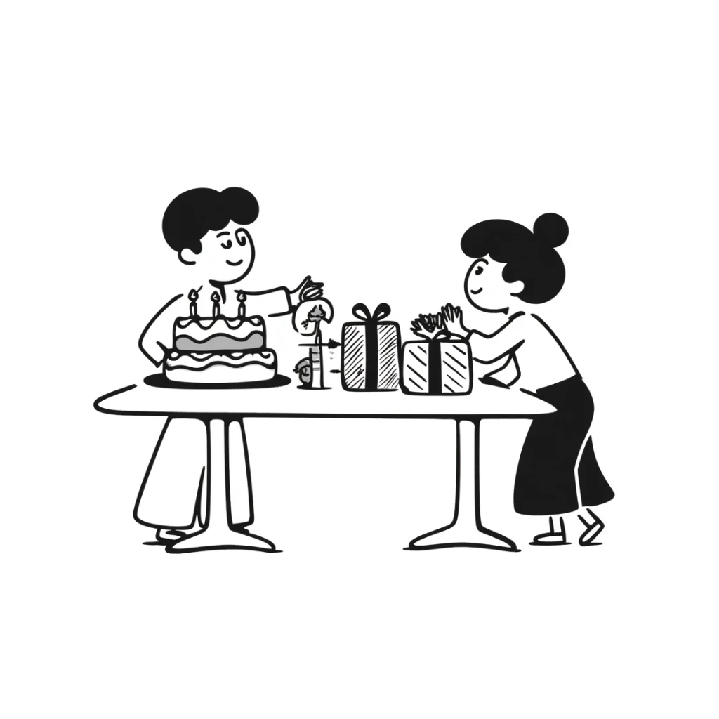 Festive celebration drawing with cake and gifts sticker