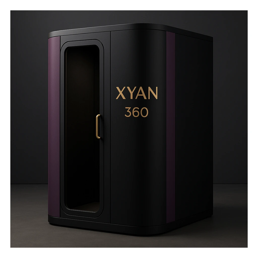 privacy enclosure booth with 'Xyan 360' signage in gold, purple and black, elegant and modern sticker