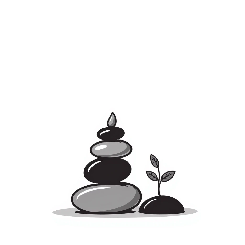 A zen-like balanced stack of smooth stones with a small plant growing beside it, representing balance and stress relief. Simple hand-drawn doodle style. sticker