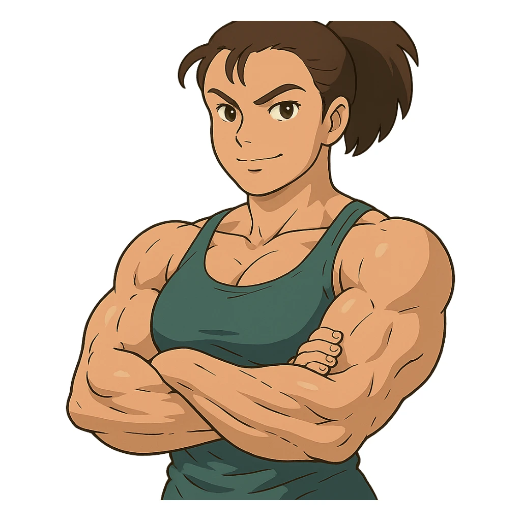 muscular woman, ghibli style, confident expression sticker