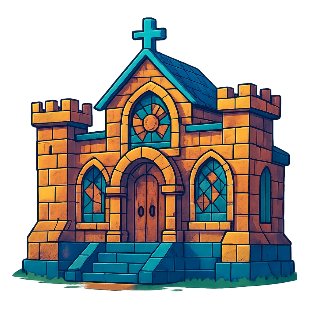 medieval temple, vibrant illustration style, stone details, colorful stained glass, mystical atmosphere sticker