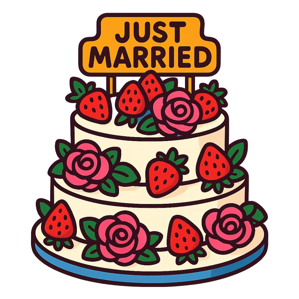 white wedding cake with strawberries, pink roses, 'Just Married' topper, vibrant toon style sticker