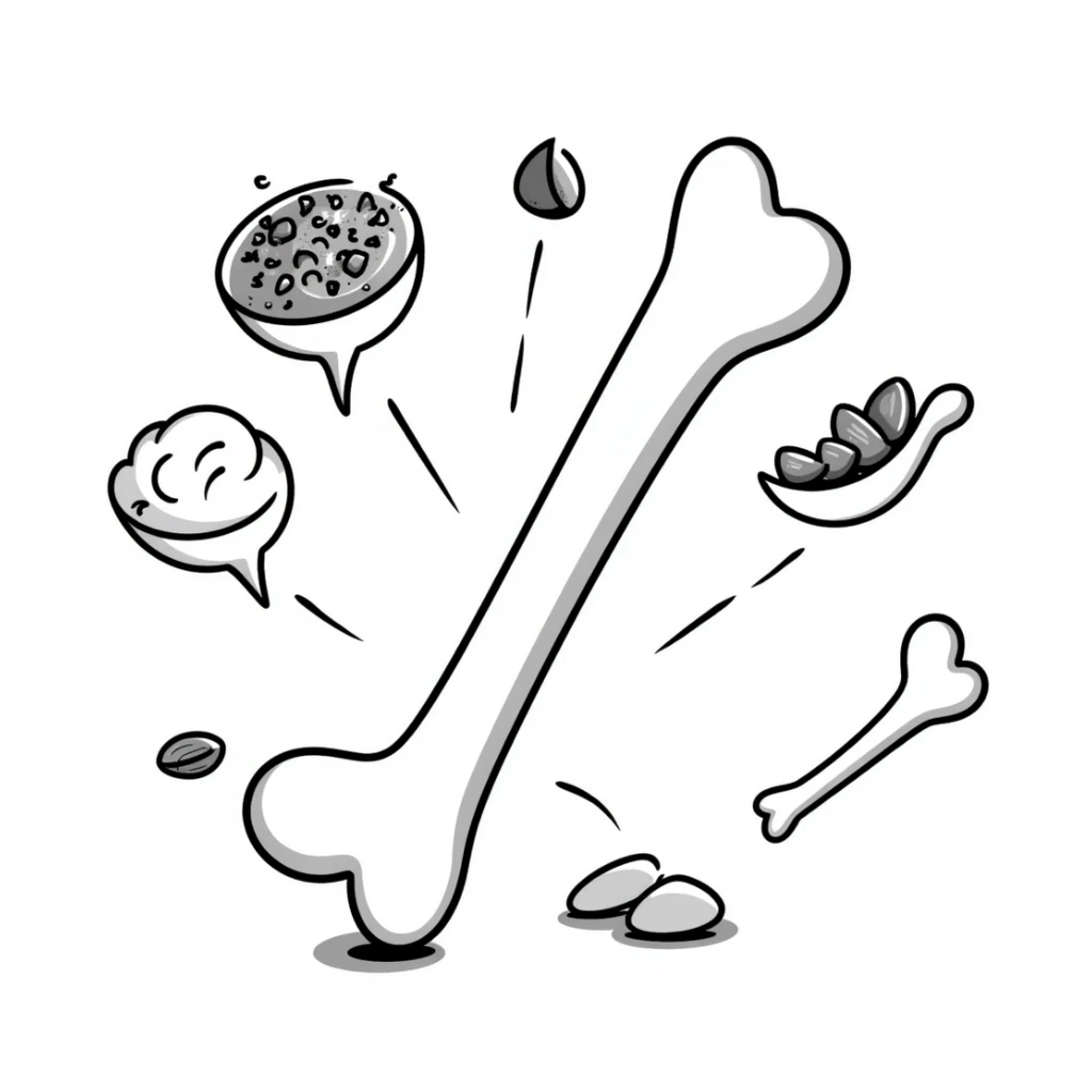 A magical glowing white bone surrounded by floating shredded cheese, yogurt, sesame seeds and almonds, with light beams connecting them, beside a normal bone for comparison sticker